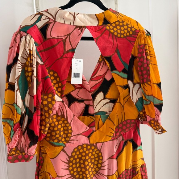 Farm Rio Colorful Sunflowers Midi Dress Pink Orange Floral Puff Sleeve L NWT - Picture 5 of 9